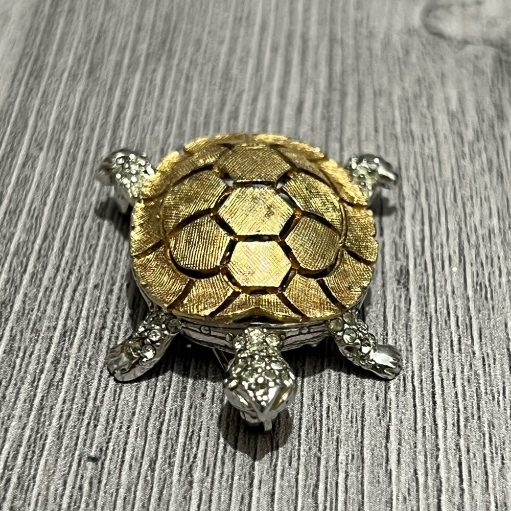 Ciner Vintage Turtle Brooch Rhinestone Gold Silver Tone Textured Animal Pin